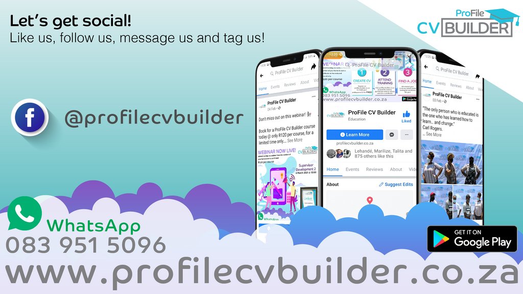 cv_profile's tweet photo. Let's get social!

Like us, follow us, message us, tag us!

WhatsApp us for any queries or assistance on:
- 083 951 5096

#Sakhaisizwe #Follow #Like #SocialMedia #CVBuilder #Tag #WhatsApp https://t.co/qIr1QJRGRh