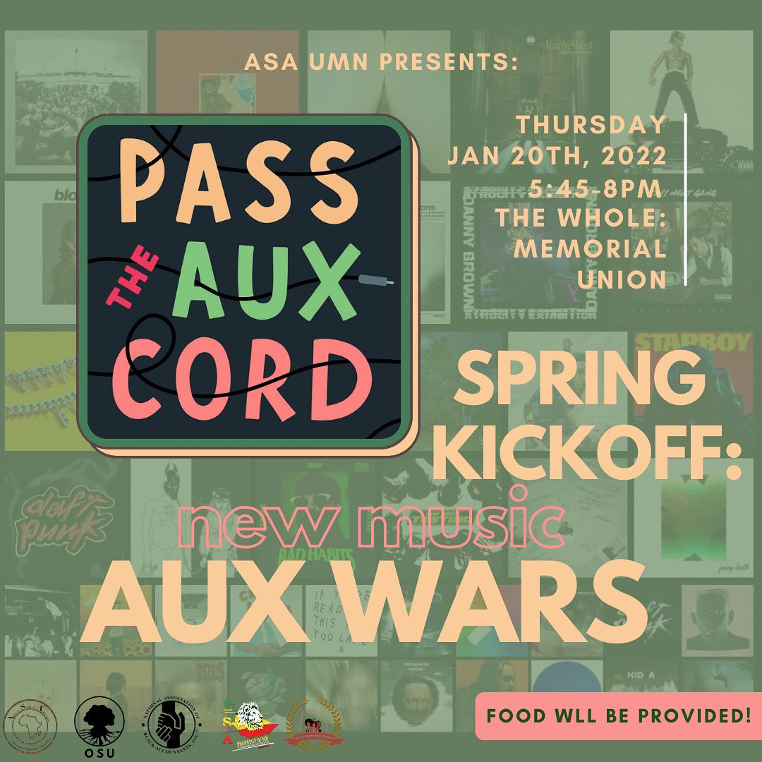 Helloo everyone, hope y’all had a wonderful break! We are hosting our very first event of the year, Spring Kickoff: Aux Wars 🎶. The event is this upcoming Thursday, January 20th at 5:45pm. Food &amp; drinks will be provided. Hope to see you all there! 😊🤎