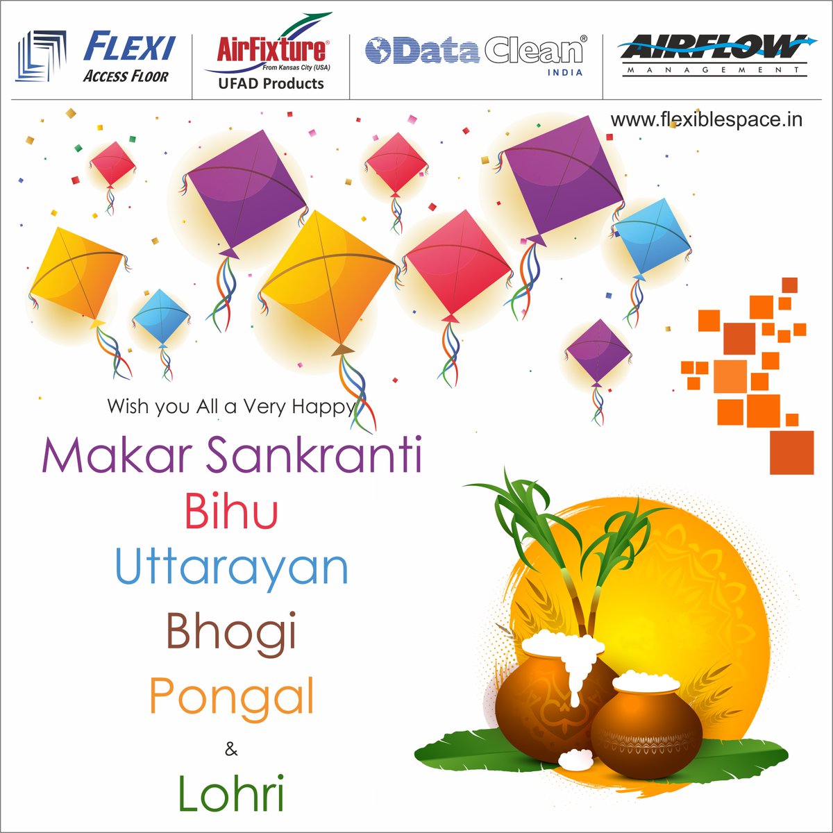 Flexifloor's tweet photo. Wish you All a Very Happy #Makar #Sankranti, #Bihu, #Uttarayan, #Bhogi, #Pongal #Lohri.
https://t.co/ZRdfgKobhD
#MakarSankranti2022 #MakaraSankranti  #raisedflooring #falsefloor #dataclean #airflowmanagement  #flexiblespace  #datacenter #accessflooring #AirFixture #indianfestival https://t.co/kHiZfcRaeq