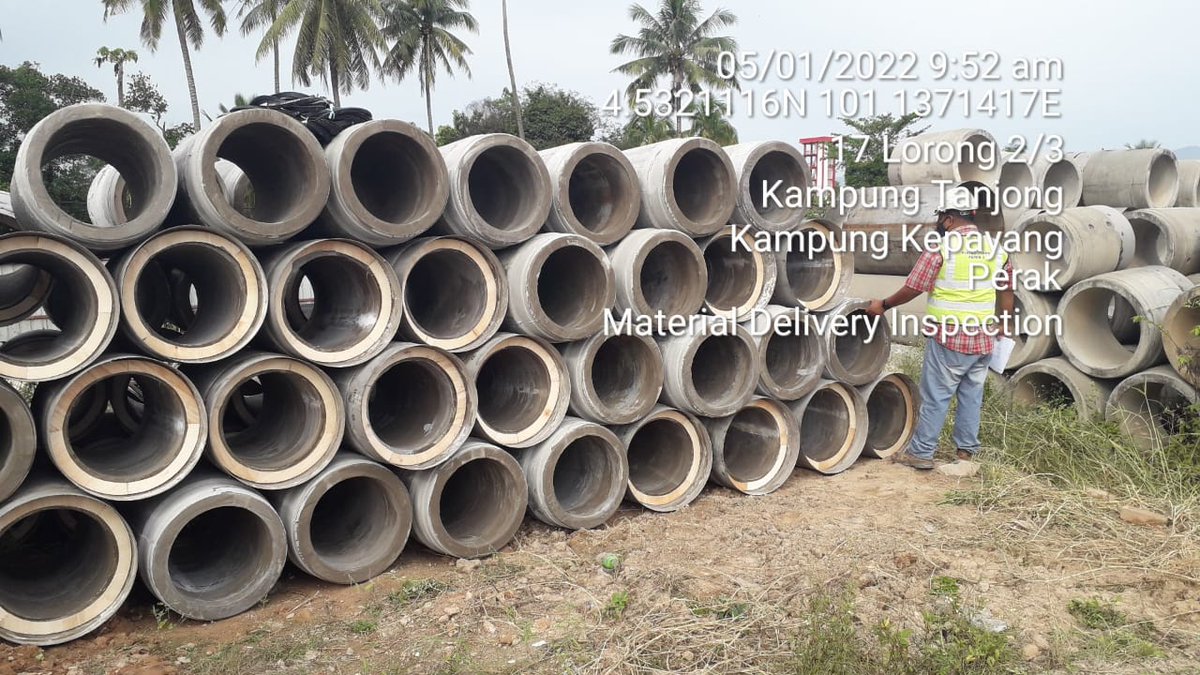 Ipoh_Package3's tweet photo. Activity on site: (5/1/2022)
Material Delivery Inspection - The main purpose of this inspection is to check whether the RCJP pipe is delivered according to the size ordered before proceed to installation. 
#ipohsewerageprojectpackage3 
#yourfutureisourcommitment https://t.co/WasQlw8TDv