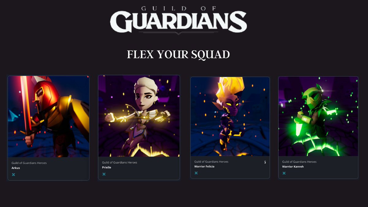 GuildOfGuardian's tweet photo. 'FLEX YOUR SQUAD' for a chance to win a GOG avatar!! 🔥

To enter:

1 - Drop your wallet address in the comments
2 - Re-tweet this tweet with a photo of your squad

Easy!!

Good luck - we'll pick a winner on Monday morning (AEDT) 🚀 https://t.co/k8GmSQChQN