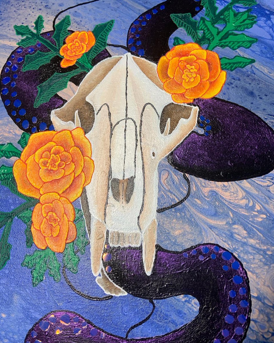 Lotide__'s tweet photo. Mama Bear 1.21
10x20 NFS
…
This piece is for my mom, featuring a bear skull and marigolds. I thought i was done with the “Exploring Death” series…. (1/2)
#paintpour #skull #acrylicpainting #painting #ArtistOnTwitter #artist #marigolds #flower https://t.co/eQ6KAiCtlw