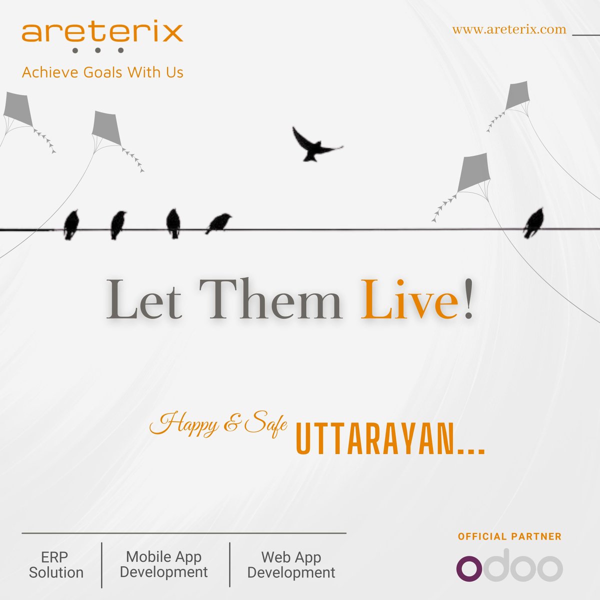 areterix's tweet photo. Don't let the kite fest pose a threat to lives!

Have a Happy &amp; a Safe Uttarayan!

#MakarSankranti #uttarayan #kitefestival2022 #festival #areterix #odoo #odooerp #odoosoftware #software #manufacture https://t.co/xNOQ5MaL0w