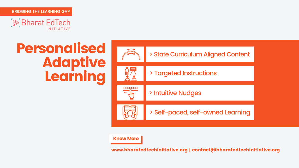 BharatEdtech's tweet photo. #PersonalisedAdaptiveLearning (PAL) focuses on understanding students' needs and strengths, allowing for self-paced learning. #BEI intends to provide access to quality content through PAL solutions and support students in improving academically. Know more: https://t.co/lR3rlBStOy https://t.co/Q6NnfZ1buS
