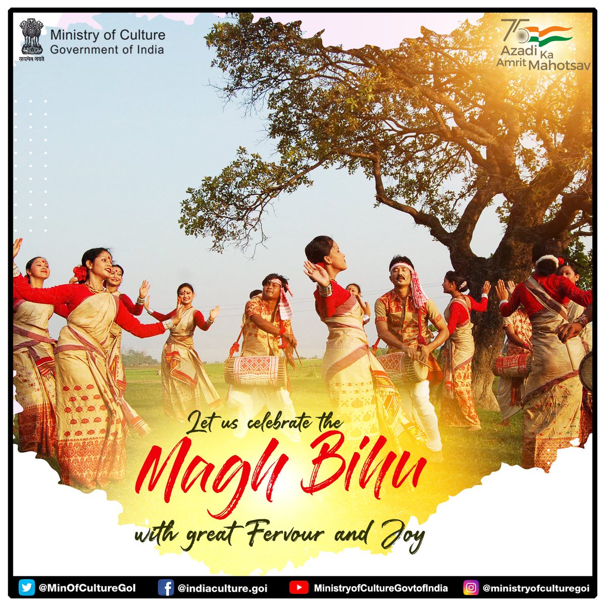 MinOfCultureGoI's tweet photo. Assamese people around the world enjoy the festival of #MaghBihu popularly known as #BhogaliBihu for being grateful for the good produce and marking the end of the harvest season. #Bihu #AmritMahotsav https://t.co/itwPfebImg