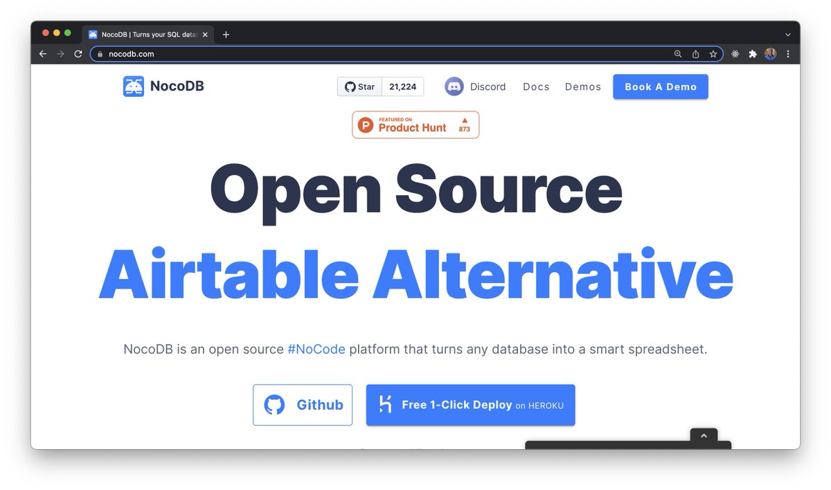 Screenshot of NocoDB website, an open source Airtable alternative