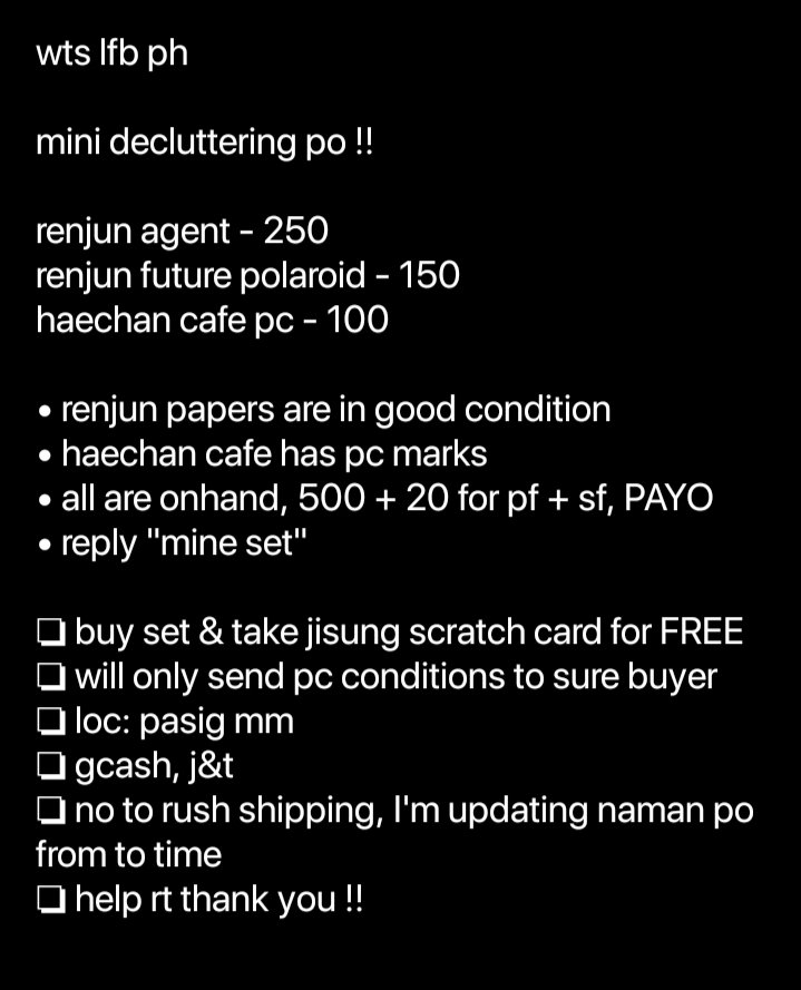 ryzcart's tweet photo. wts | lfb | ph โข #ryzells
โช rj agent
โช rj future pola
โช hc cafe
* reead the info FIRST before you claim*
- onhand
- payo, w/ FREE jisung scratch card
- reply "mine set"
๐ท๏ธ: wts lfb ph pc nct dream renjun agent future polaroid pola haechan hot sauce cafe jisung we boom https://t.co/UvMP8I4Xfu
