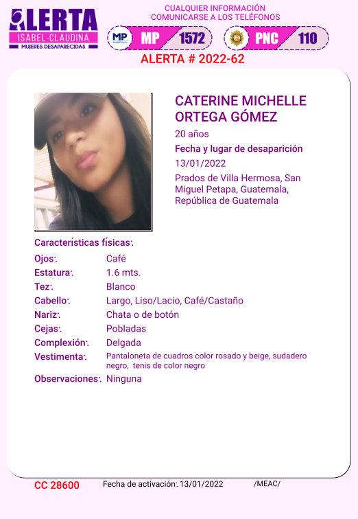 isabel_claudina's tweet photo. #AlertaIsabelClaudina
🚨 Ayúdenos a encontrar a
Caterine Michelle Ortega Gómez    
Desapareció  el 13 de Enero de 2022
Cualquier información comunicarse al teléfono 📞 1572
Gracias por difundir esta información❗ https://t.co/uoh37IMGVd