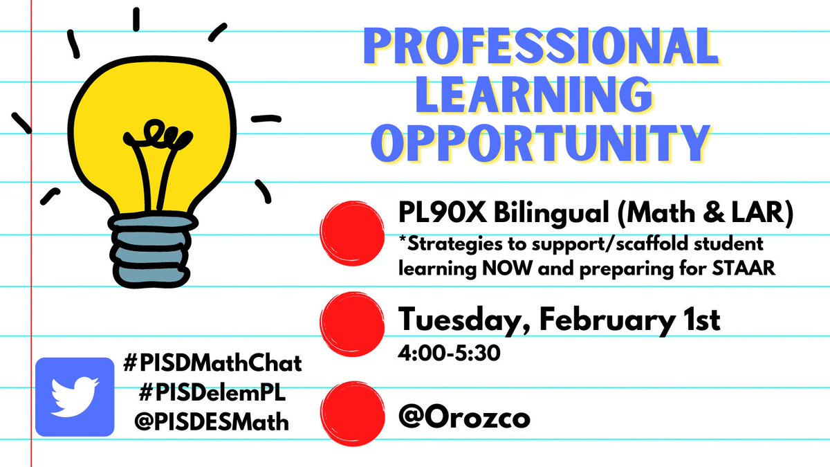PISDESMath's tweet photo. ๐ก๐คProfessional Learning Opportunity!
Save the date for our PL909X (Bilingual) session on Tuesday, February 1st! #PISDMathChat #PISDelemPL educators register here ๐https://t.co/1WCC6H0Hdi https://t.co/jMBx0K7w8F