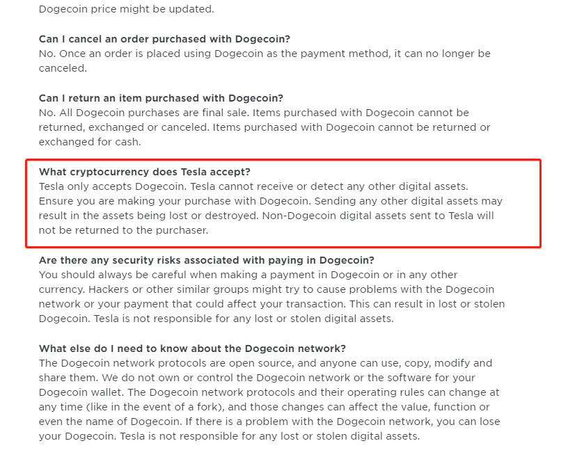 WuBlockchain's tweet photo. Breaking: Tesla states that Tesla only accepts Dogecoin in crypto. Tesla cannot receive or detect any other digital assets. https://t.co/AYo6wnBfSB https://t.co/fldtT0F8RY