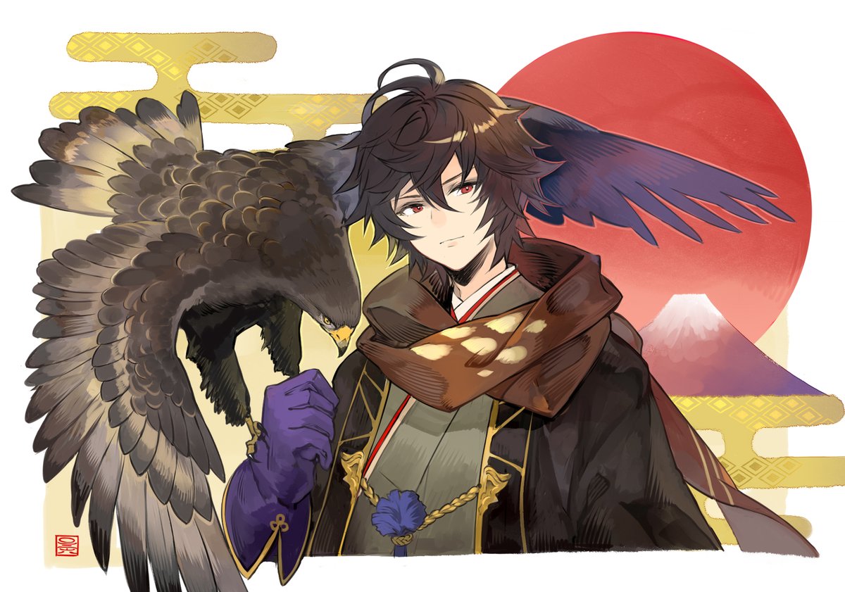 1boy male focus bird scarf japanese clothes gloves brown hair  illustration images