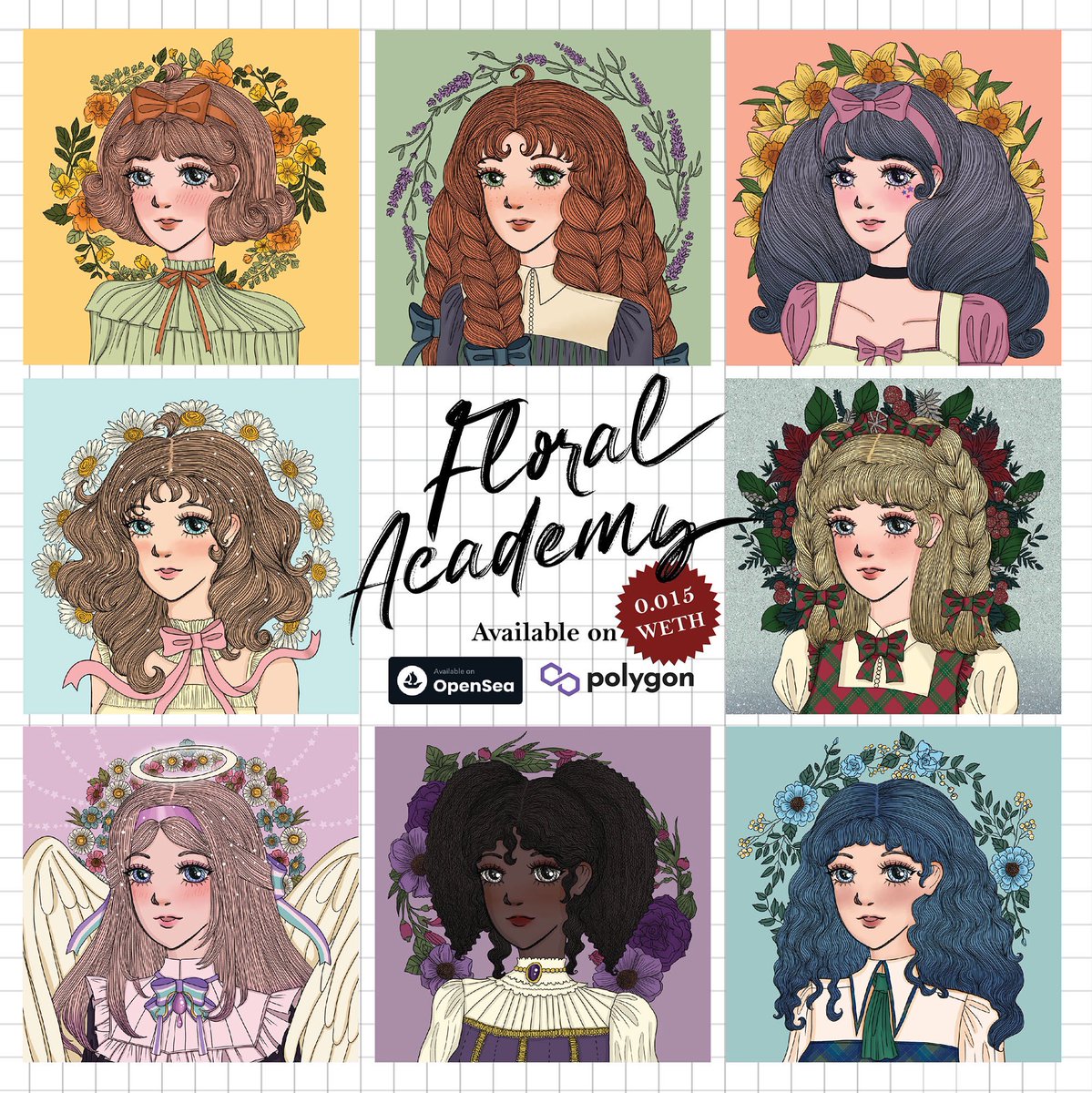 🌸🌼Floral Academy🌼🌸
No.1-9 are available on opensea polygon!!

This collection concept is something vintage and detail in Shoujo Manga style

Every girls are created with all the love 💓💓💓

Get them here🌸
opensea.io/collection/flo…

#NFT #NFTanime #NFTs
