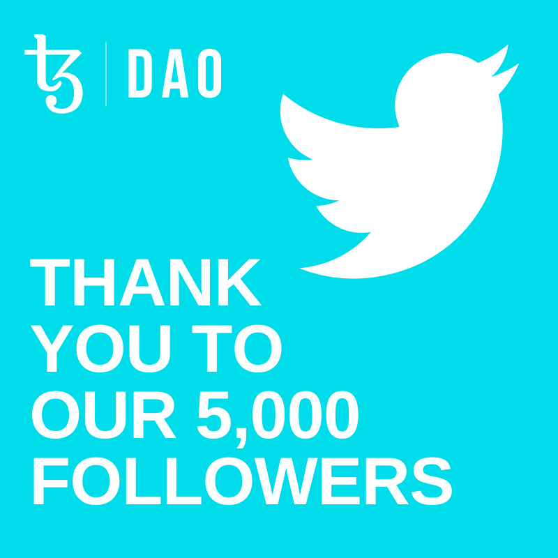 TezDAO's tweet photo. #TezDAO surpassed 5000 followers in its first week on Twitter! A HUGE THANKS TO YOU for being a part of the #Tezos #DAO community. We're excited for the great things to come. 💙🚀🥳

$TezDAO @Tezos #Decentralization #DeFi https://t.co/dwiXiS0MwV