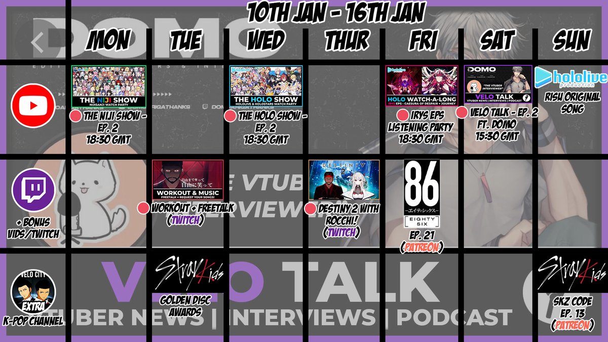 ofclvelocity's tweet photo. π
10th Jan - 16th Jan
BIG STREAM WITH A SPECIAL GUEST INCOMING TOMORROW!
π΄ Velo Talk Ep. 2 with @domoarigathanks!
π https://t.co/JTSCfDfExp
β’ General: #Velo_City
β’ Clips: #VeloClips
β’ Fanart: #Velostration
β’ Fanname: #VeloCitizen https://t.co/Y9lEspvSZb
