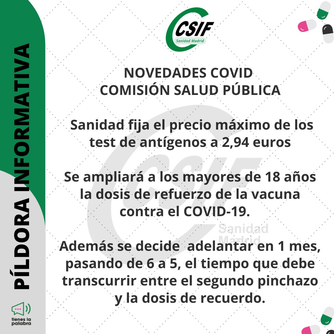 🟢 Novedades covid comisión salud pública.

Sanidad fija el precio máximo de los test de antígenos a 2,94 euros.

#COVID #precioantigenos 

<a href="/CSIF_UAMadrid/">CSIF Madrid</a> 
<a href="/CSIFnacional/">CSIF Nacional</a>