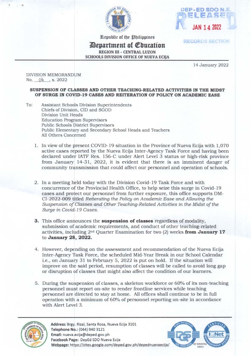 TNHS1947's tweet photo. Here's the Division Memorandum regarding the suspension of classes.
#WalangPasok 
#TalaveraNHS 
#DepEdNuevaEcija 
#TalaveraNHSprojectWATCH https://t.co/aG5pfYa4zl