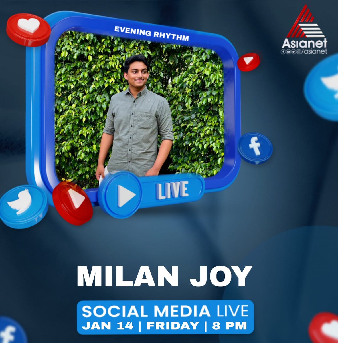 asianet's tweet photo. പാട്ടും വിശേഷങ്ങളുമായി യുവഗായകൻ മിലൻ ജോയ് ഇന്ന് വൈകീട്ട് തത്സമയം എത്തുന്നു 

Milan Joy || Evening Rhythm || Star Singer Season 8 || Live || Asianet

#Asianet #EveningRhythm #StarSingerSeason8 #StarSingerTheEpicShow #MilanJoy #SocialMediaLive #Live https://t.co/ZVN9NWi9O2