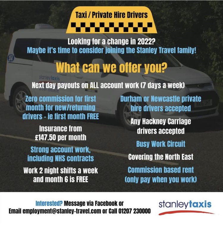 StanleyTaxis's tweet photo. Drivers required to join our team, be part of an extremely busy work circuit. Massive earnings potential working throughout the North East .. the only Company that pays self employed drivers daily!

#StanleyTravel #DurhamCityTaxis #StanleyTaxis https://t.co/ikXiYfCamG