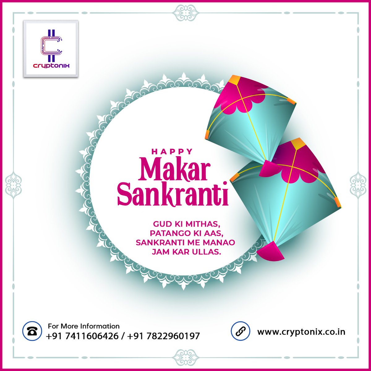 Cryptonixltd's tweet photo. May this Makar Sankranti fill your life with joy, happiness and love. Wishing you and your family a very happy Makar Sankranti.

#Cryptonix #businessgrowth #seo #digitalmarketing #makarsankranti2022 https://t.co/i17GQNSrEr