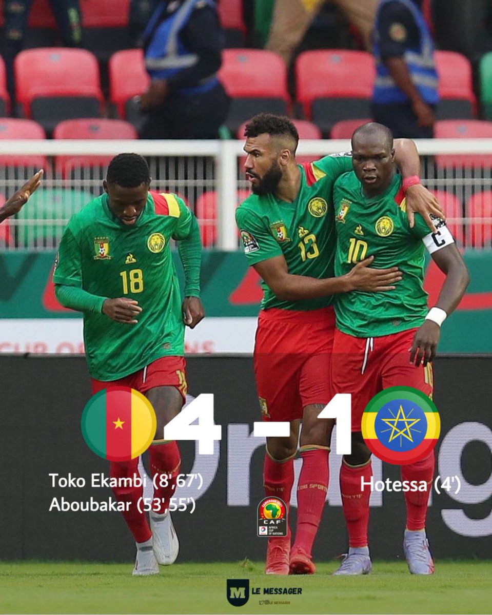 Lemessagersport's tweet photo. Hosts Cameroon became the first team to qualify for the last 16 at the Africa Cup of Nations with a win over Ethiopia in Group A.
#CMRETH #AFCON2021 #TotalEnergiesAFCON2021 #TeamCameroon #football
#RwOT https://t.co/YPPy6PM8Lj