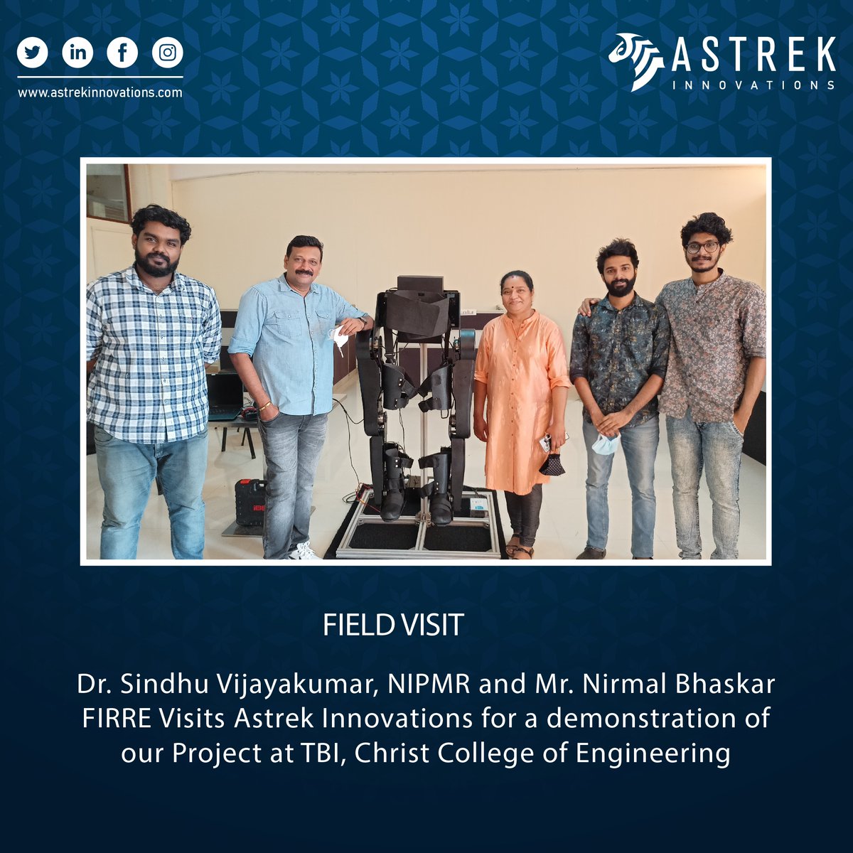 AstrekInnovati1's tweet photo. Demonstration of UnikExo to Dr Sindhu Vijayakumar from National Institute of Physical Medicine and Rehabilitation and Mr Nirmal Bhaskar,FIRRE @ Christ College of Engineering Irinjalakuda https://t.co/leOzHwhswL