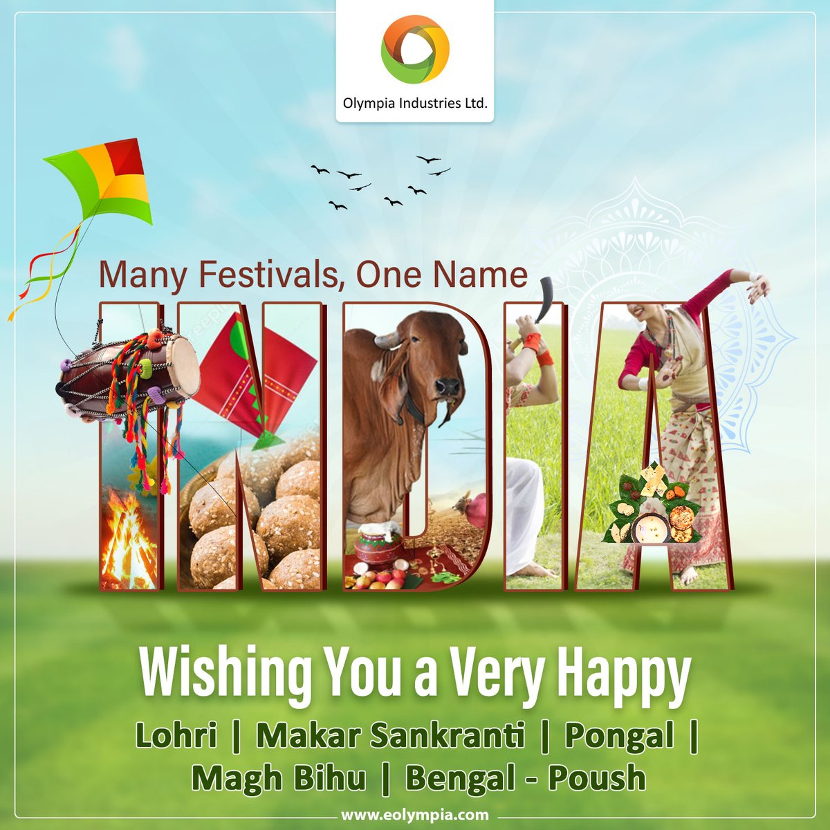 Olympia_Ind's tweet photo. A country as diverse and culturally rich where UNIQUENESS is the only constant. Let us together, as one INDIA celebrate all the differences. 
Olympia Industries wishes you a magnificent #Lohri, #MakarSankrant, #Pongal, #MaghBihu and #BengalPoush #oneINDIA #ManyFestivals https://t.co/0Nn5GHEQ78