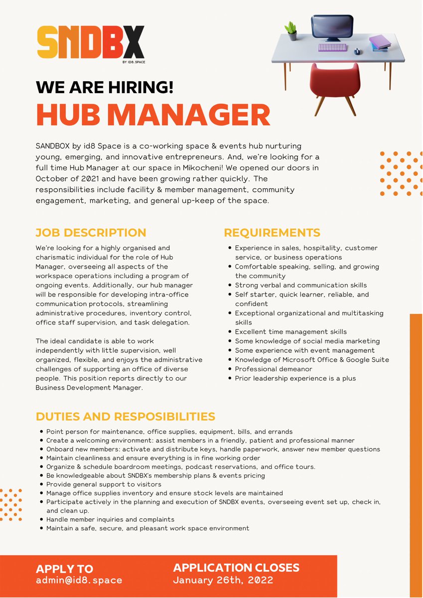 SNDBX_space's tweet photo. We’re hiring for a #HubManager! Think you’re a good fit? Send your CV to admin@id8.space. Applications close Jan 26th! https://t.co/QmS2oAD7yt