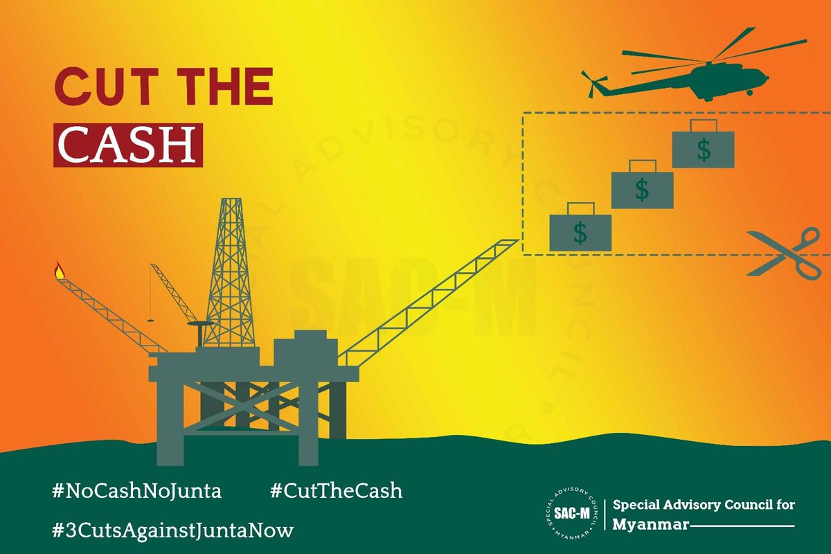 The illegal junta uses revenues from #Myanmar’s state owned oil &amp; gas fields to fund mass atrocity crimes against civilians. The UN #SecurityCouncil must impose targeted sanctions on all oil &amp; gas revenues flowing to the junta now. #NoCashNoJunta #CutTheCash #3CutsAgainstJuntaNow