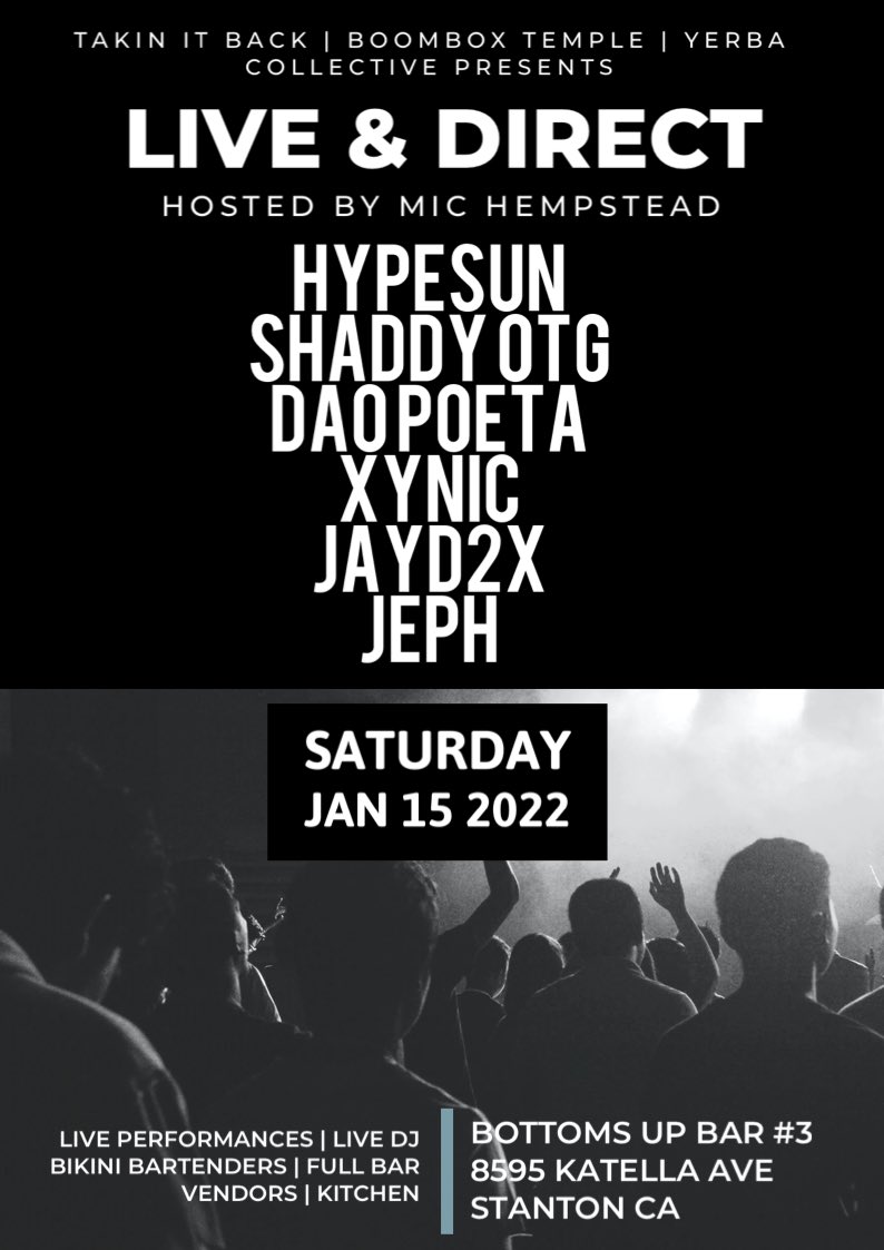 MICHEMPSTEAD's tweet photo. Saturday Nights Live HipHop Performances | Live Dj | Beat Sets | Open Mic Cypher | Full Bar | Kitchen | Bikini Bartenders | Local Vendors | doors 8pm No Cover ! Kick it ! Artists HMU let’s network  #LivePerformances #Show #Showcase #OpenMic #Artists #Network #Music @BOTTOMSUPBAR https://t.co/P72XUkxfVc