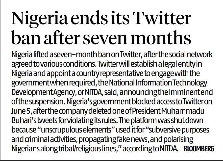 cheeky_gouti's tweet photo. Nigeria ends its Twitter
ban after seven months
_________________________
Nigeria ban twitter access on june 5 bcoz they found it's violating against rules . But they decided to lifted ban after 7 months bcoz NITDA agreed to their conditions. @21_camian
#camutkal https://t.co/hwv7SitTor