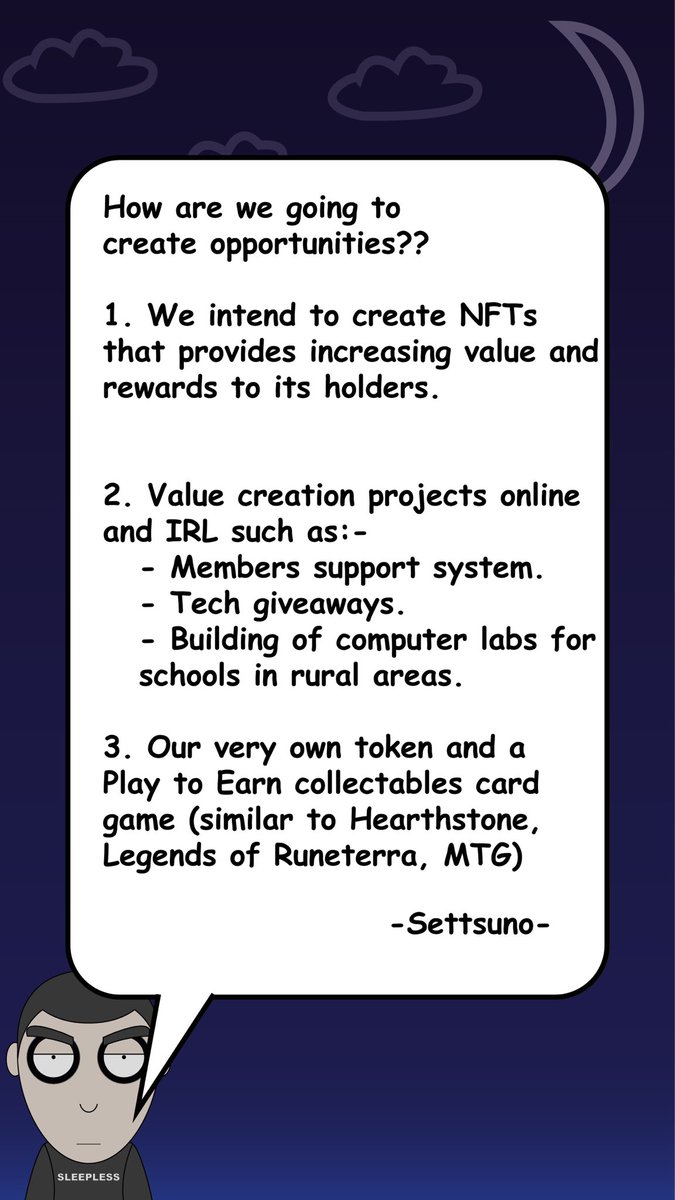 SleeplessPeeps's tweet photo. How to create opportunities?? 🤔 These are our plans.

#NFT #NFTCommunity #PlayToEarn #SLEEPLESS https://t.co/QXloxjokxD