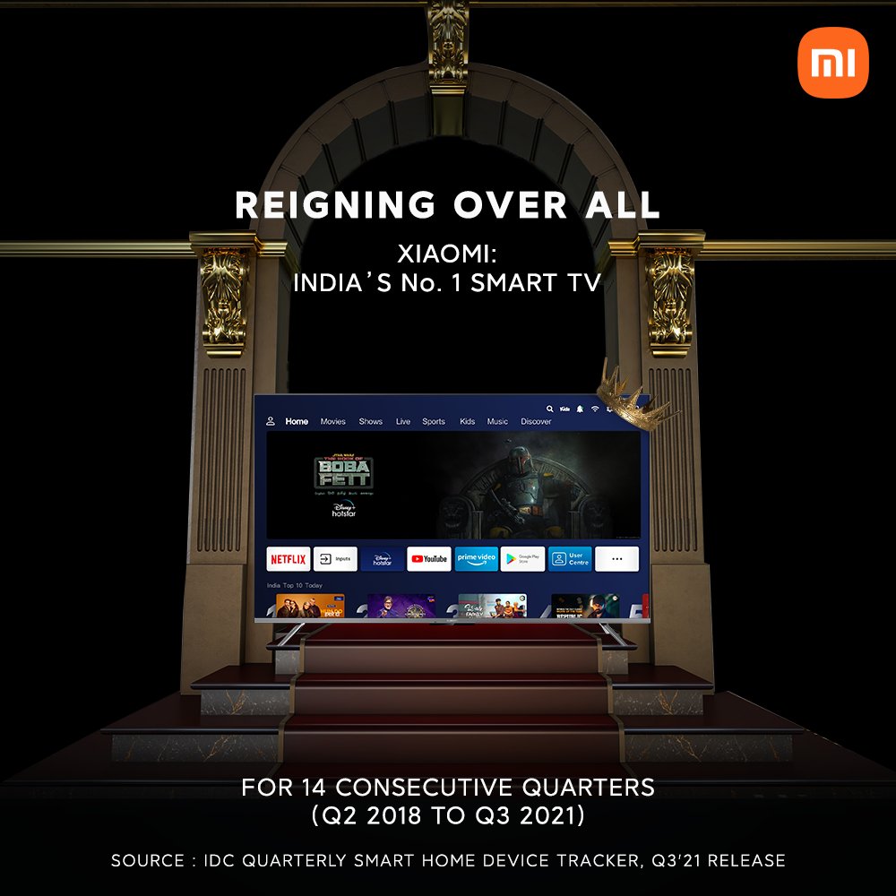 XiaomiTVIndia's tweet photo. Hello from India's #1SmartTVBrand! Thank you for choosing #Xiaomi as your go-to Smart TV brand for 14 consecutive quarters. 🇮🇳 ❤️

As per latest report from @IDC, we're reigning over the rest with 21% dominance in the market. You heard us when we told you to #GetTheSmartest! 😉 https://t.co/thpV1DNbQX