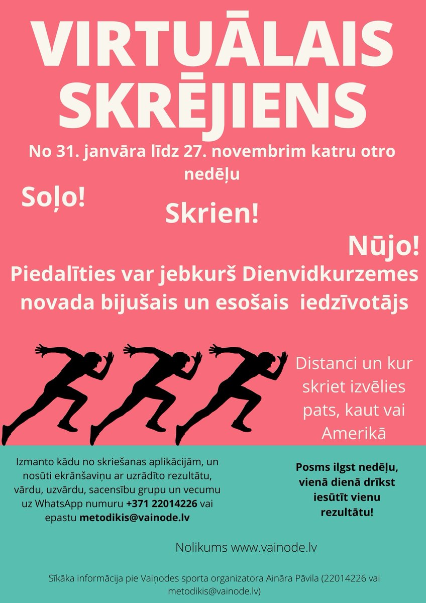 VainodeEmbute's tweet photo. "VIRTUĀLAIS SKRĒJIENS 2022"
Skriešanas brīvība! Nav starta/ finiša, noteikta laika vai vietas! Skrien, soļo, nūjo kur vēlies un kad vēlies!
https://t.co/fP4XrydmCZ https://t.co/Er3ZuGhGY2