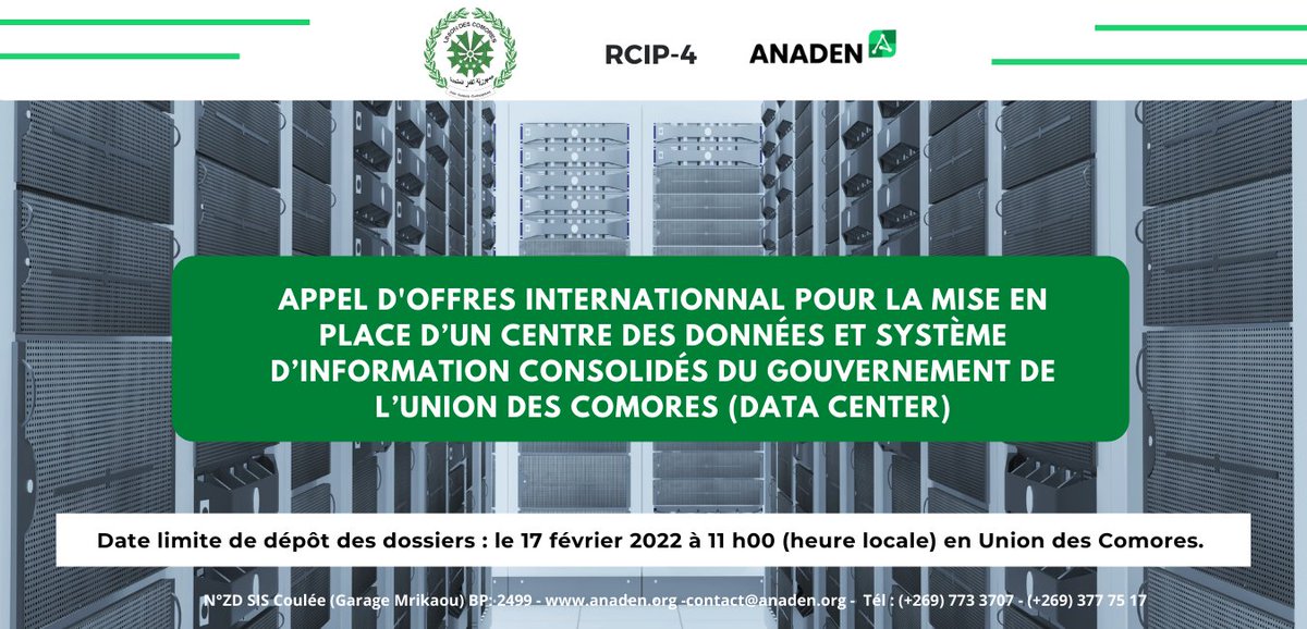 AnadenKm's tweet photo. Appel d'Offres International pour la mise en place d’un centre des données et système d’information consolidés du Gouvernement de l’Union des Comores (DATA CENTER)

Lire la suite : https://t.co/KgTcWm6V9M

#comores #DataCenter #anadenkm https://t.co/7uqYFaHWyr