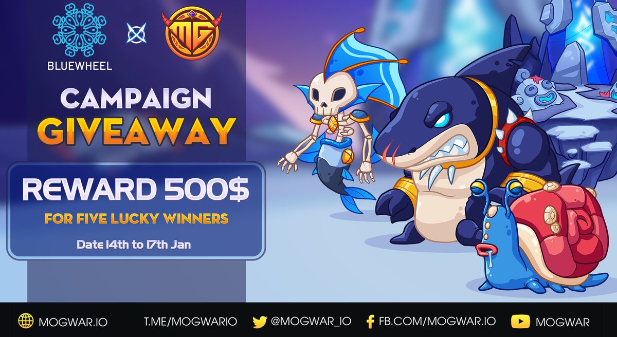 BLUEWHEEL CAPITAL X  #MOGWAR GIVEAWAY CAMPAIGN

- Rewards: 100 USDT to 5 lucky winners 
- Timeline: 14-17 Jan - 2022
- Winners randomly chosen

RULES:
- Retweet below post : x.com/BluewheelC/sta…

- Tag 3 friend

- Follow <a href="/mogwar_io/">Mogwar</a>  and <a href="/BluewheelC/">Bluewheel Capital</a> pic.x.com/PpUE1f4LOR