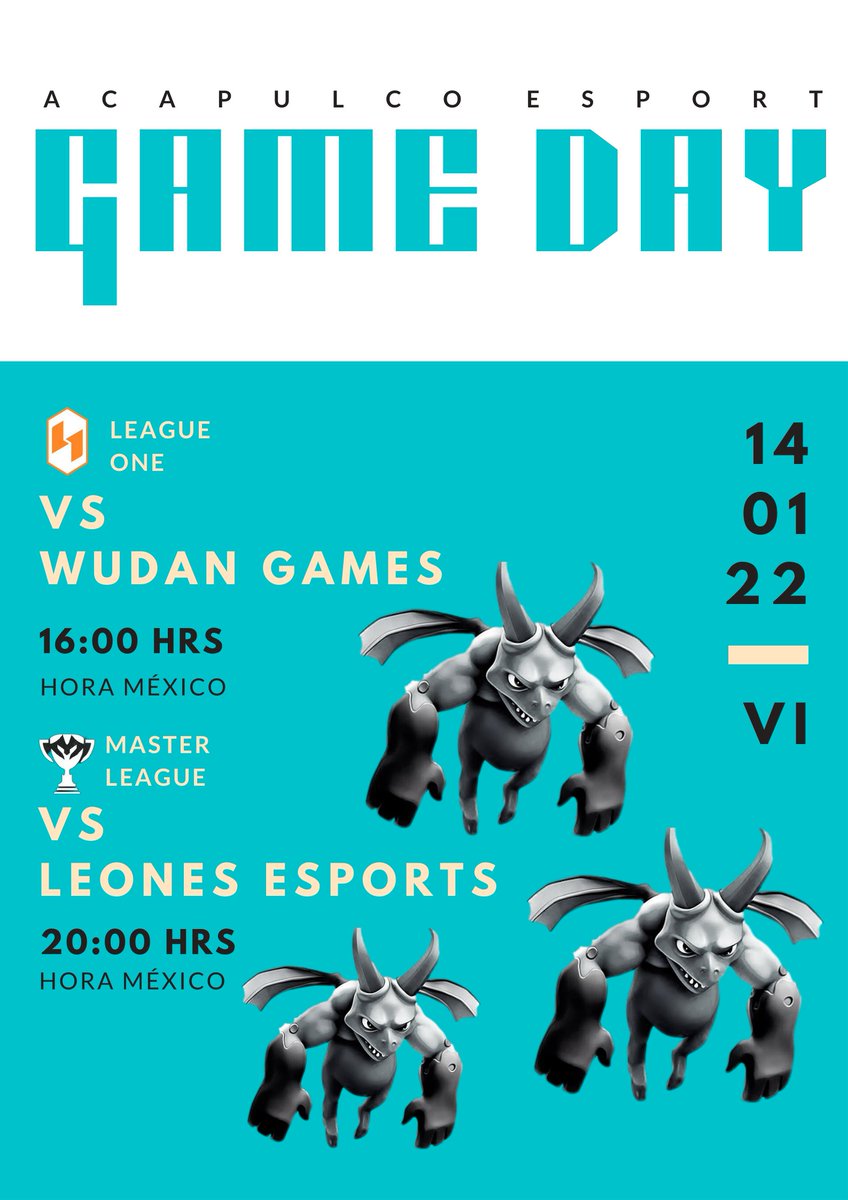 -Jornada Doble-

🆚 l <a href="/WudanGames/">Wudan Games</a> 
🏆 l <a href="/leagueonesports/">League One</a> 
🕓 l 16:00 HRS 🇲🇽
📍 l 4tos de final 

🆚 l <a href="/EsportsLeonesCR/">Leones eSports</a> 
🏆 l <a href="/AGMaster_League/">Master League</a> 
🕓 l 20:00 HRS 🇲🇽
📍 l Primera Ronda 

#GoAcapulco