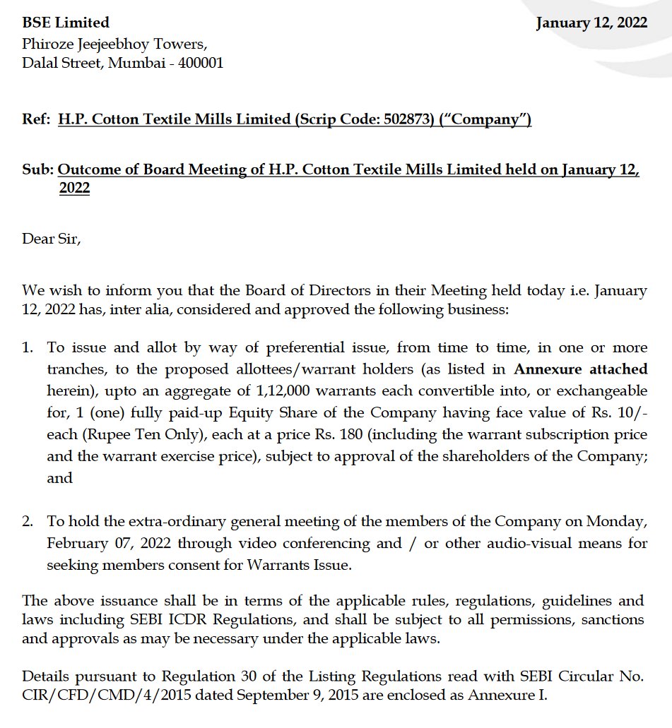Focus_SME's tweet photo. #HPCOTTON H.P.COTTON TEXTILE MILLS issuing warrants at INR 180. https://t.co/2zyGsJ5qKo