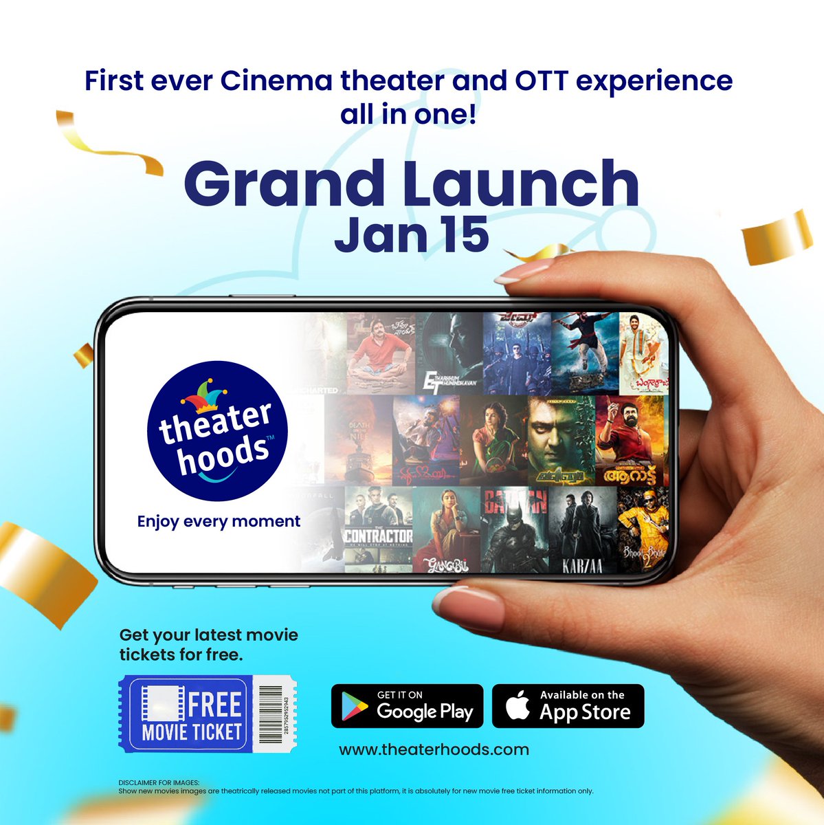 First ever Cinema theater and OTT experience all in one!  Grand Launch on Jan 15, 2022. Download @theaterhoods  app and celebrate new films get your free tickets. 

#theaterhoods #newmovie #freetickets #ott #grandlaunch #freemovietickets #enjoyeverymoment❤️