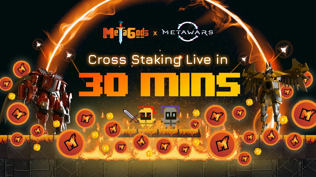 PlayMetaGods's tweet photo. The $MGOD #CrossStaking pool with @MetaWarsNFT is going live in 𝟑𝟎 minutes

Get ready for the BEST shared #metaverses with the BEST EXCLUSIVE #NFT 💰💰💰

The MORE you #stake, the MORE entries you gain, the HIGHER chances to get a crossover #NFT!
➡️ https://t.co/op8W4lui6W https://t.co/8km3M45hOD
