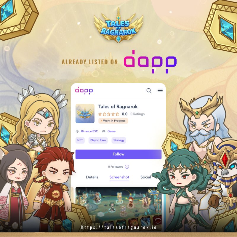 talesofragnarok's tweet photo. Now! tales of ragnarok is already listed on @dapp.com 

Let check on : https://t.co/IkM400srJ6

#BSC #BSCGem #GameFi #Airdrops #P2E #PlayToEarn #play2earn #NFT #NFTGame #Binance https://t.co/9YWPZGDwVN