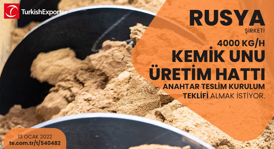 ihracatcomtr's tweet photo. 💡İhracat Fırsatı!
📍Rusya şirketi, 4000 kg/h kemik unu üretim hattı anahtar teslim kurulum teklifi almak istiyor.
⭐Bu ihracat fırsatının detaylarına erişmek için linke tıkla!
https://t.co/WAN5dS9czF
#turkishexporter #ihracat #export #b2b #trade #kemikunu #feedmachine https://t.co/lNVUTDcTZ6