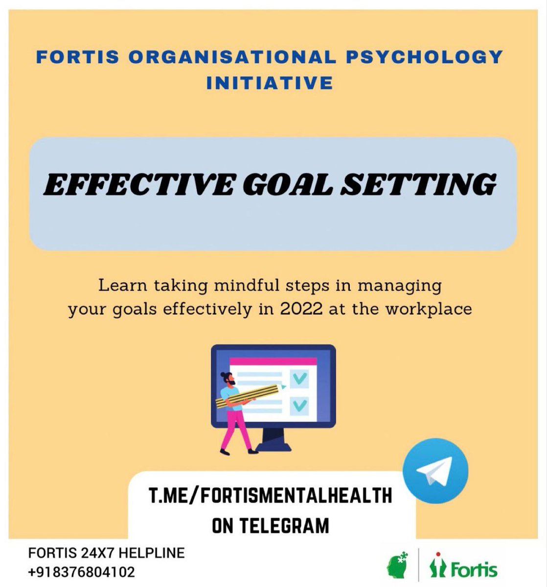fortis_mhbs's tweet photo. #EffectiveGoalSetting
Tips for starting new year with mindful steps towards achieving your goals at workplace on @telegram Fortis Organisational Psychology Initiative @fortis_hospital
Follow us on: https://t.co/XG3tAXeJKl
for #Mentalhealth at the #workplace
#mindspace https://t.co/9SuGejpL2W
