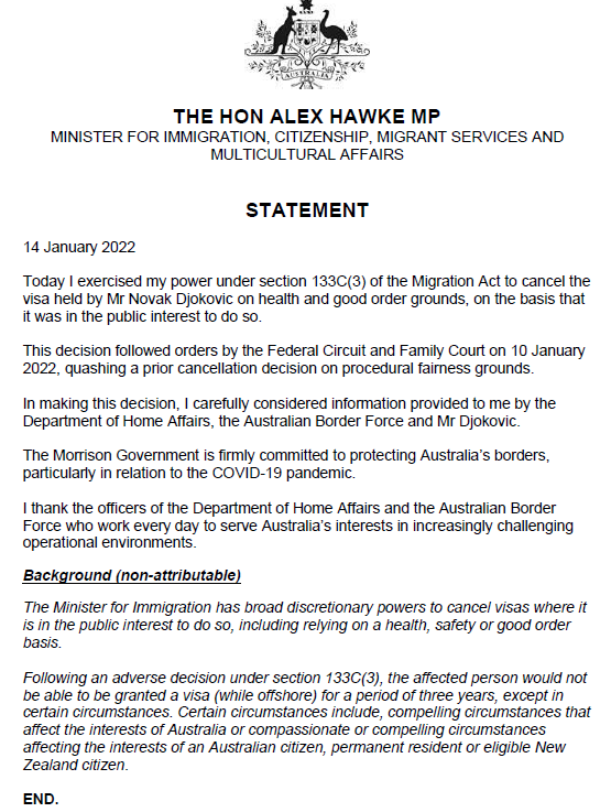 political_alert's tweet photo. #BREAKING The Government will cancel the visa of @DjokerNole says Immigration Minister @AlexHawkeMP #AusOpen #auspol https://t.co/8kMpQ4bmLy