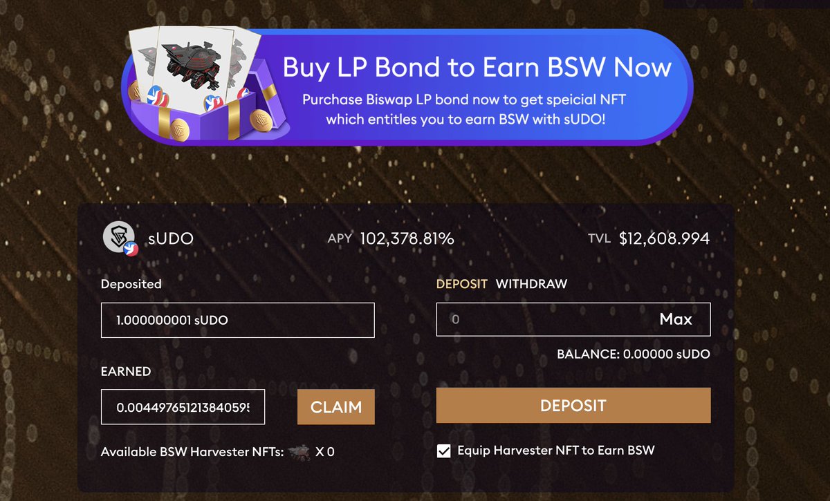 Farming is launched on Unusdao!
Buy any amount of LP bondstaking to stake sUDO to farm BSW now!
Check the following video to see How-To:
youtu.be/hqmXaqLHycg