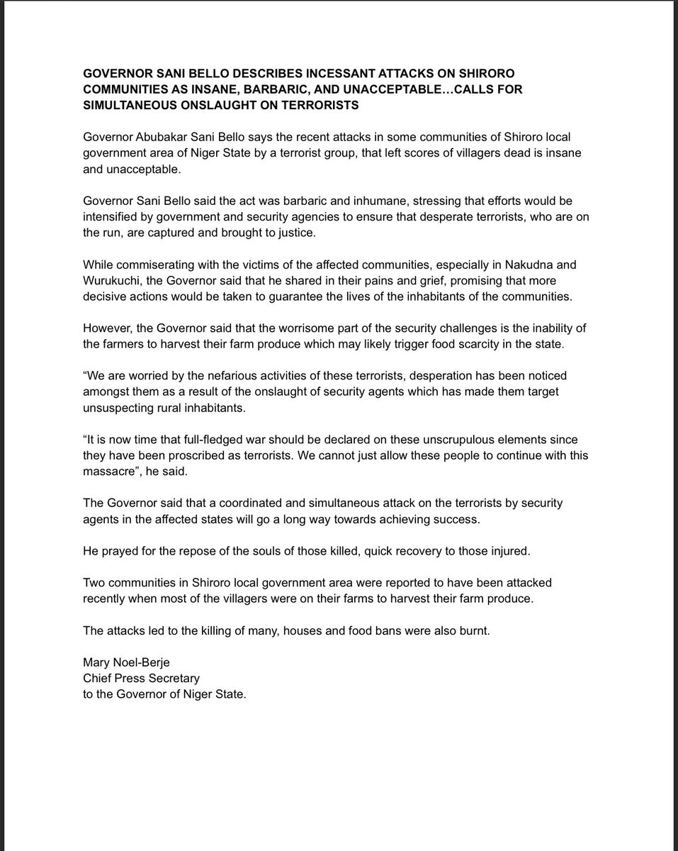 SBMediaOffice's tweet photo. GOVERNOR SANI BELLO DESCRIBES INCESSANT ATTACKS ON SHIRORO COMMUNITIES AS INSANE, BARBARIC, AND UNACCEPTABLE…CALLS FOR SIMULTANEOUS ONSLAUGHT ON TERRORISTS https://t.co/M0QmMP98B1