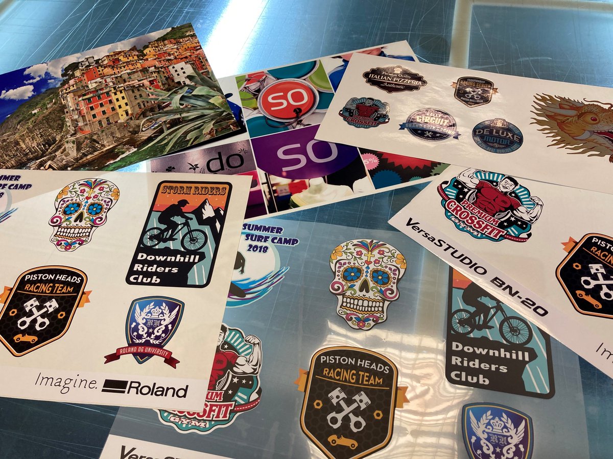 SEDOLtd's tweet photo. Look at these print samples from the Roland BN20!  A fantastic printer for small run labels and decals that will compliment any print business.  With options for white or metallic ink, it gives great effects and an additional ROI. https://t.co/263jts8qZv