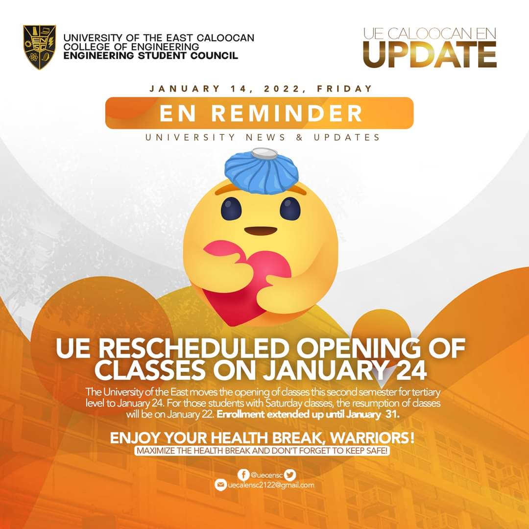 UECENSC's tweet photo. EN UPDATE: UE rescheduled opening of classes on January 24, Enrollment extended up until January 31. 

See full post here: https://t.co/uQw3jh8tQ3

#UECalENUpdate
#ENSC2122 #PadayonEN https://t.co/kYx33e82mx
