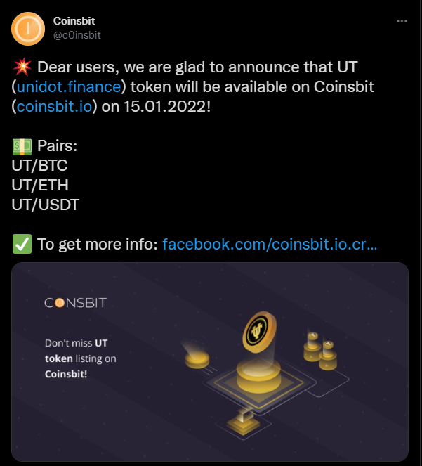 Unidotfinance's tweet photo. 💥 Dear users, we are glad to announce that UT token will be available on https://t.co/yrHFPfidza on 15.01.2022!

©️ Smart-contract: 0xf34c187be220690fa194f99d09ca18712f4bce06

💵 Pairs:
UT/BTC,  UT/ETH,  UT/USDT

#Coinsbit #Listing #UT
https://t.co/qKaVl7FlXv https://t.co/keb8vxVPv1