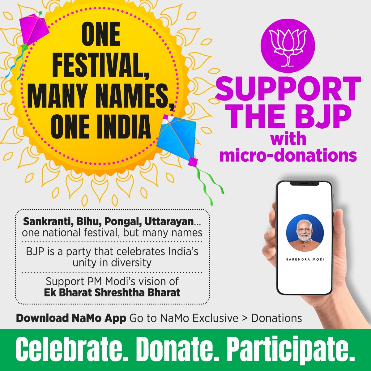 Support PM Modi's vision of Ek Bharat, Sreshtha Bharat. 

Download the NaMo App and make a micro-donation to join India's transformation journey.  

narendramodi.in/donation