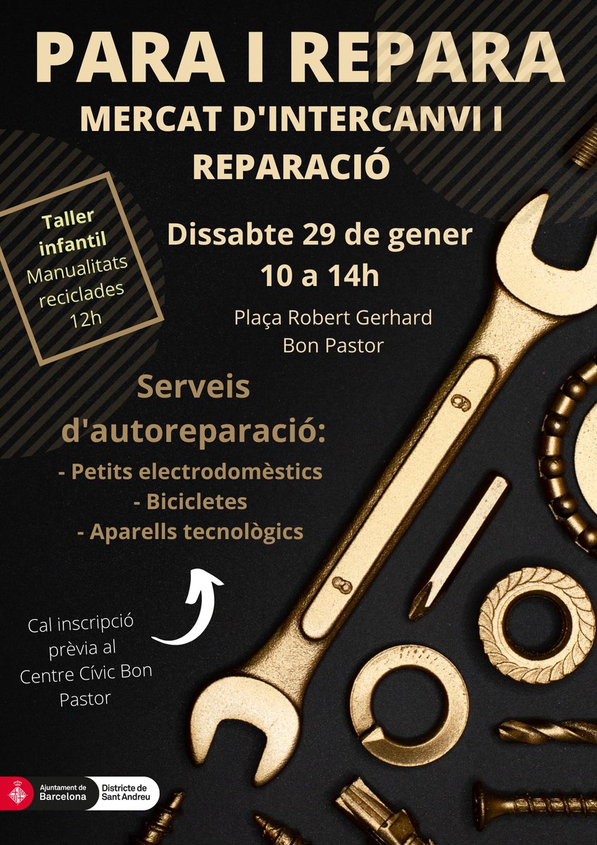AndreudeCabo's tweet photo. 𝐏𝐚𝐫𝐚 𝐢 𝐑𝐞𝐩𝐚𝐫𝐚: 𝐌𝐞𝐫𝐜𝐚𝐭 𝐝’𝐢𝐧𝐭𝐞𝐫𝐜𝐚𝐧𝐯𝐢 𝐢 𝐫𝐞𝐩𝐚𝐫𝐚𝐜𝐢𝐨́. Aquest dissabte 29/01 vine al mercat d’intercanvi i dóna-li una segona vida a allò que està en bon estat i ja no fas servir! https://t.co/FGvsP1mpCx https://t.co/Y5WJOA0dfe
